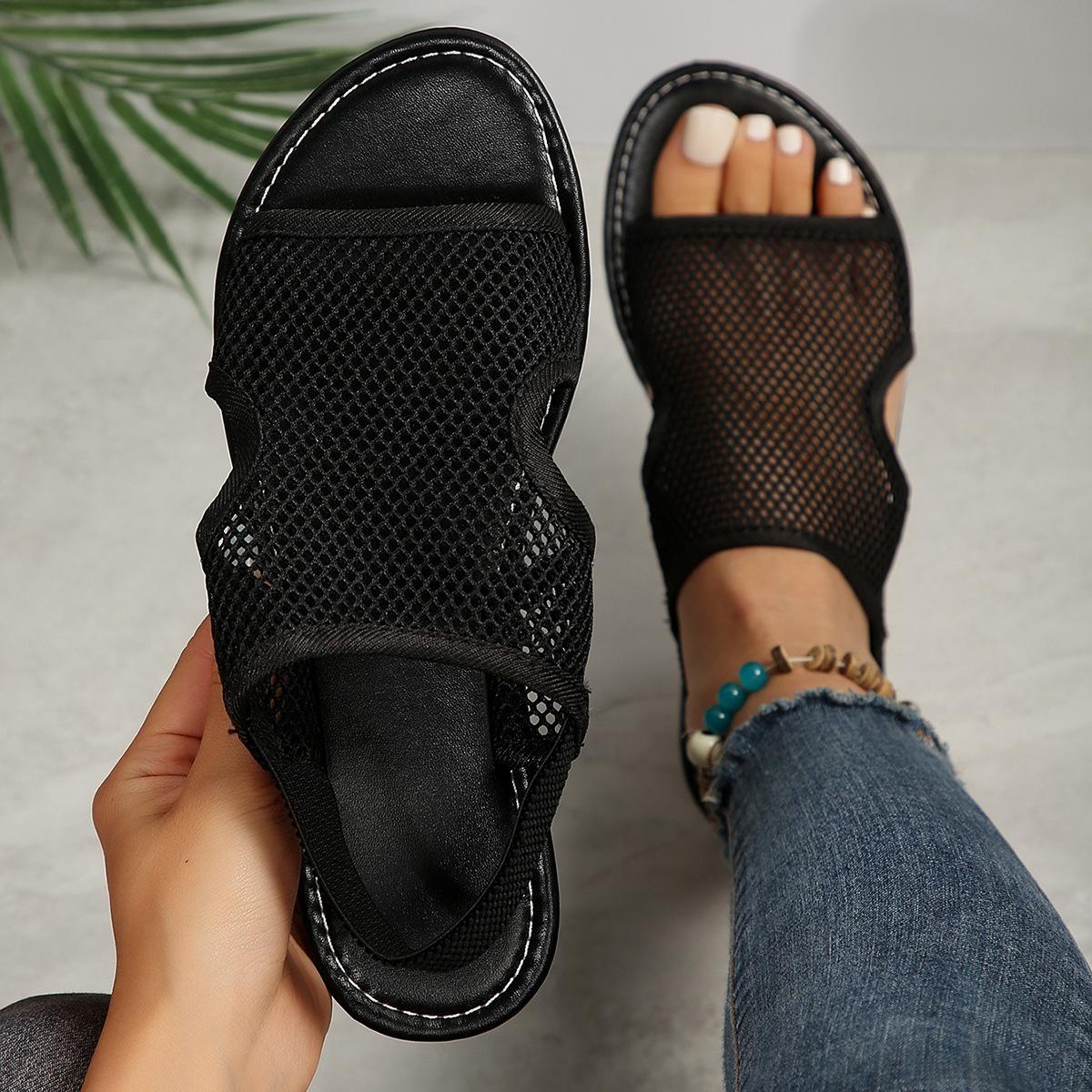 Damen Ultra-Atmungsaktive Mesh-Slipper-Sandalen 2024 Sommer Neue Casual Flache Unterseite Atmungsaktive Mesh-Sandalen Strand-Wanderschuhe 36 schwarz