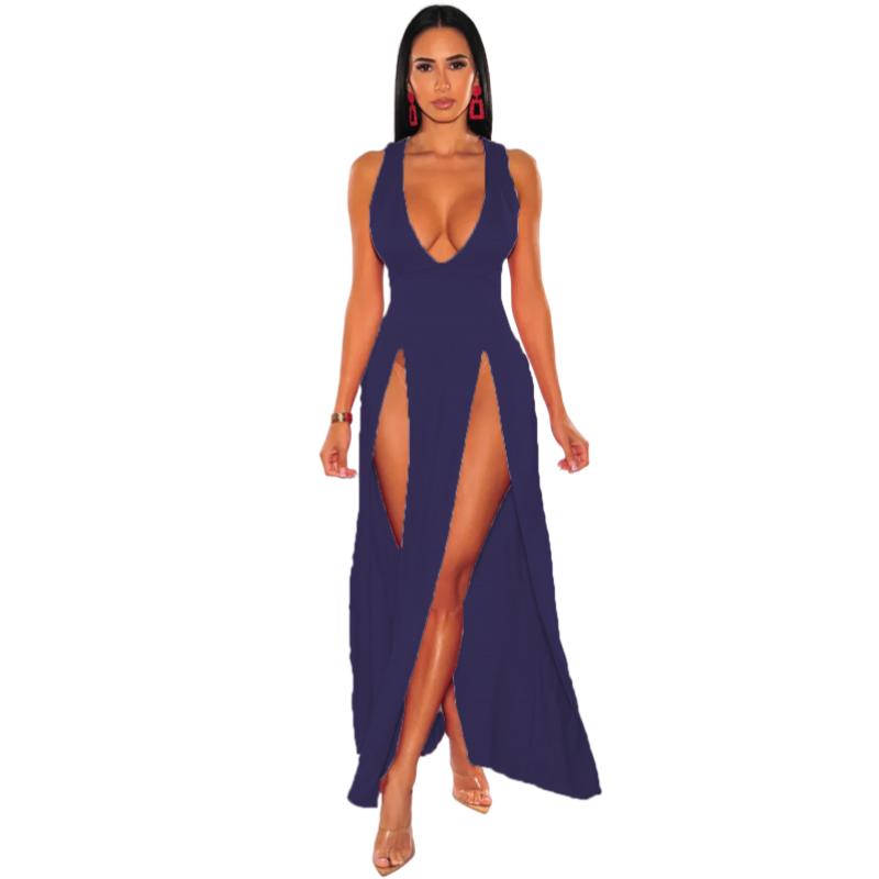 Neuheiten Damen Sexy High Split Kleider Ärmellos Tiefem V-Ausschnitt Hoher Schlitz Lange Party Bodycon Rote Sommerkleider XS navy blau