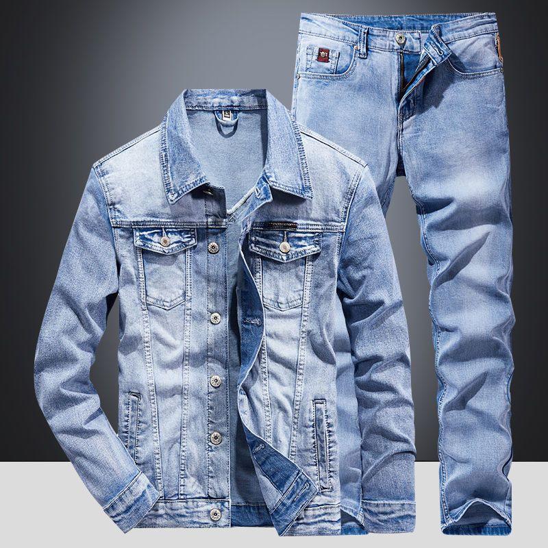 Herren Denim Anzug Verschleißfest Atmungsaktiv Anzug Denim Jacke + Jeans 2-teiliges Set M blau