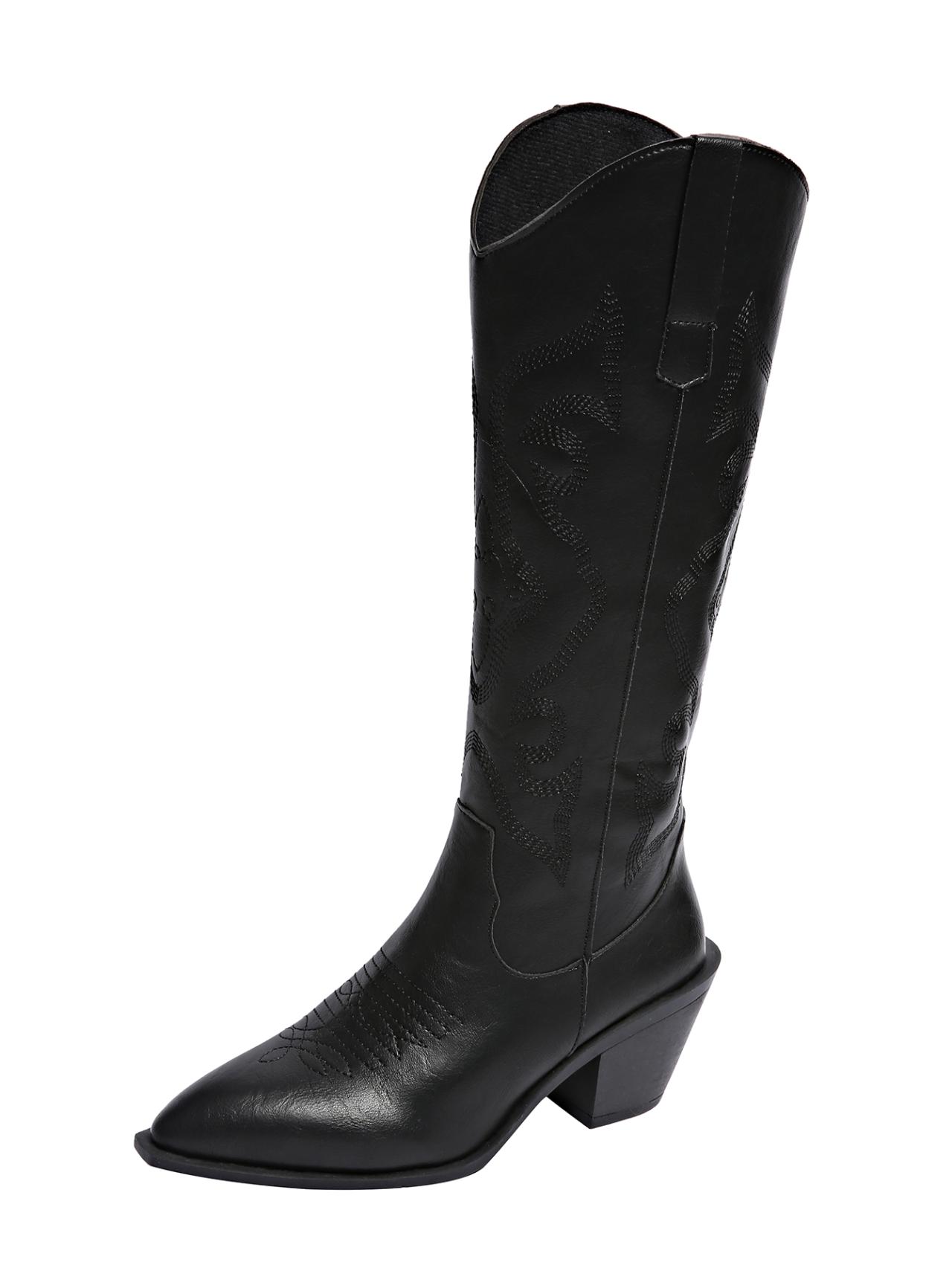 Fashion 2024 Fashion Cowboy Damen Country Retro Westernstiefel Leder Spitzschuh Mitte der Wade Arbeitsschuhe Bequem 38 schwarz