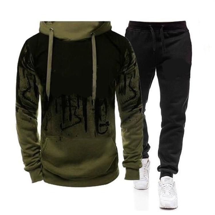 Herbst Winter Herren-Trainingsanzug mit Kapuze und Jogginghose, 2-teiliges Set, modisch, lässig, Streetwear, männlicher Jogginganzug XL armee grüne