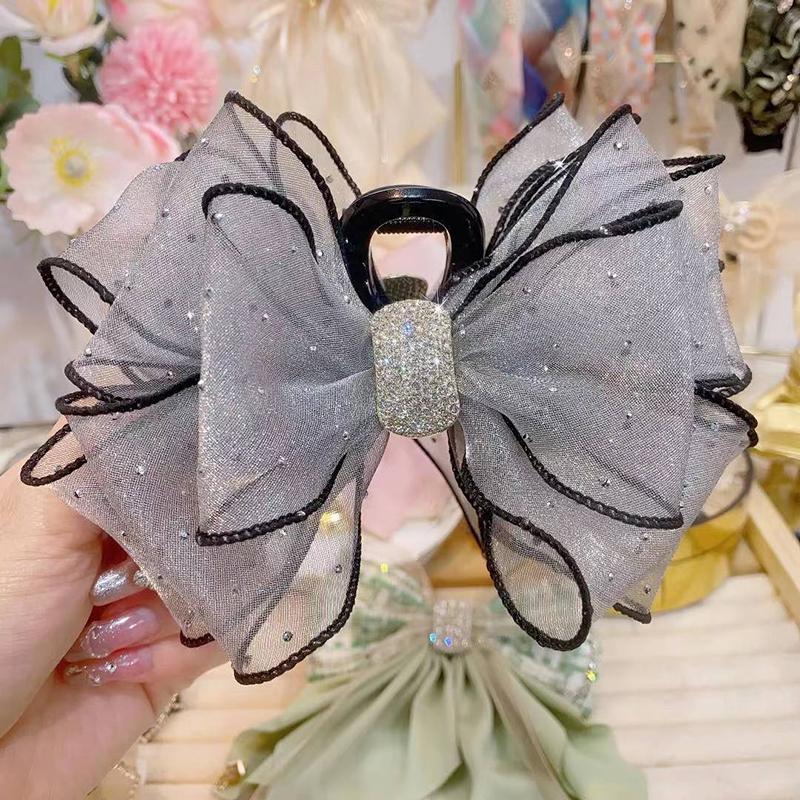 Koreanischen Stil Mesh Bogen Strass Haar Klaue Vintage Elegante Haar Klemme Haarnadel Shark Clips Für Frauen Mode Haar Zubehör graue