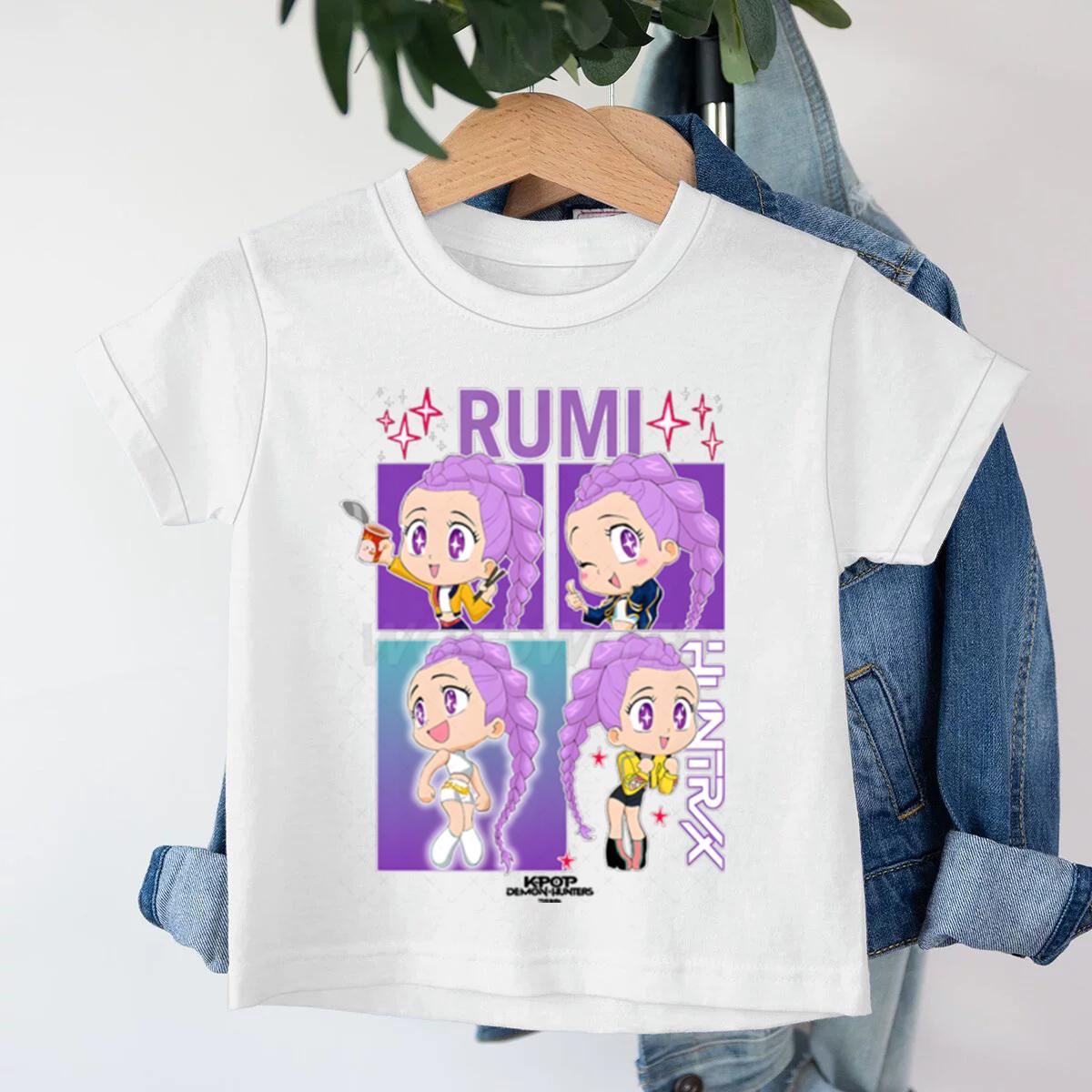 KPop Dämonenjäger Rumi Mode Kinder T-Shirt Sommer Kurzarm T-Shirt Kinderkleidung Niedliches Cartoon Mädchen T-Shirt Oberteile Fans Geschenk 110cm weiß