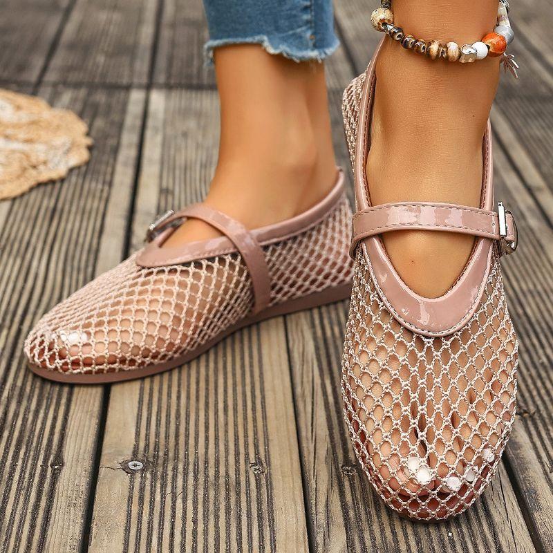 Atmungsaktive Einzel-Schuhe mit weicher Sohle für Damen, Neuer Stil, Flach, Durchbrochene Mesh-Schuhe, Mary Jane Einzel-Schuhe 38 rosa