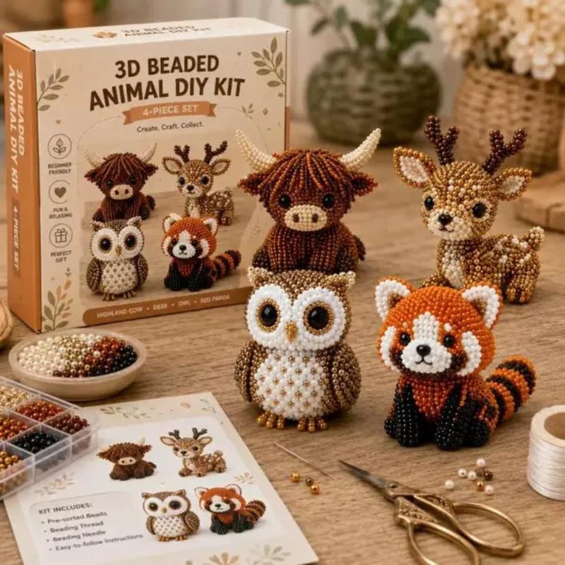 Kleines 3D Perlen Tier DIY Set, Einfaches DIY Perlenstickerei Set mit 4 süßen Designs, 3D Tier Thema Perlenstickerei Set für Anfänger R