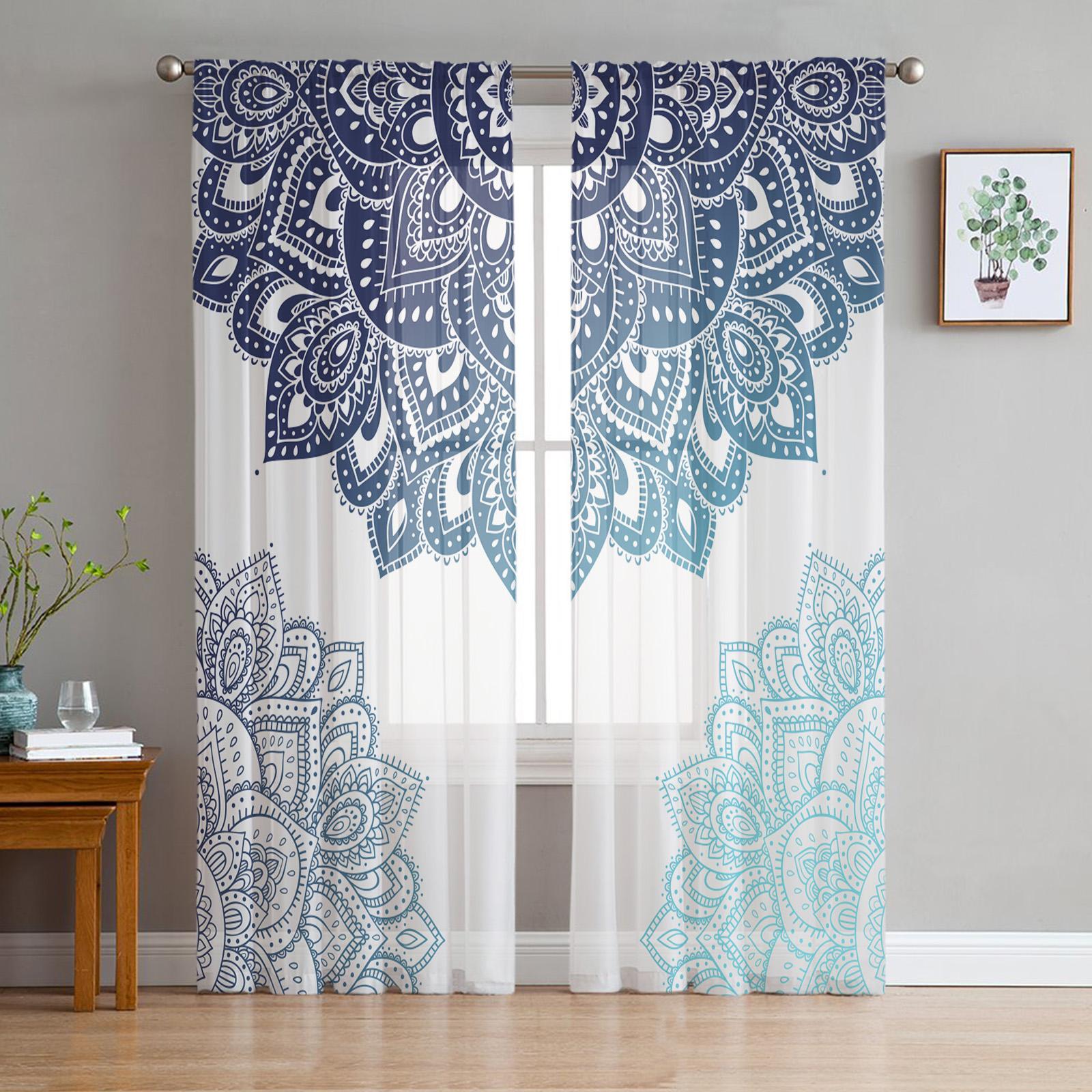 Mandala Farbverlauf Tüll Vorhänge Wohnzimmer Schlafzimmer Küchenfenster Dekoration Chiffon Vorhang Jalousien Lichtfilternd Hergestellt Aus Polyester Dekoration W100*H130(CM)-Hooks&2PCS