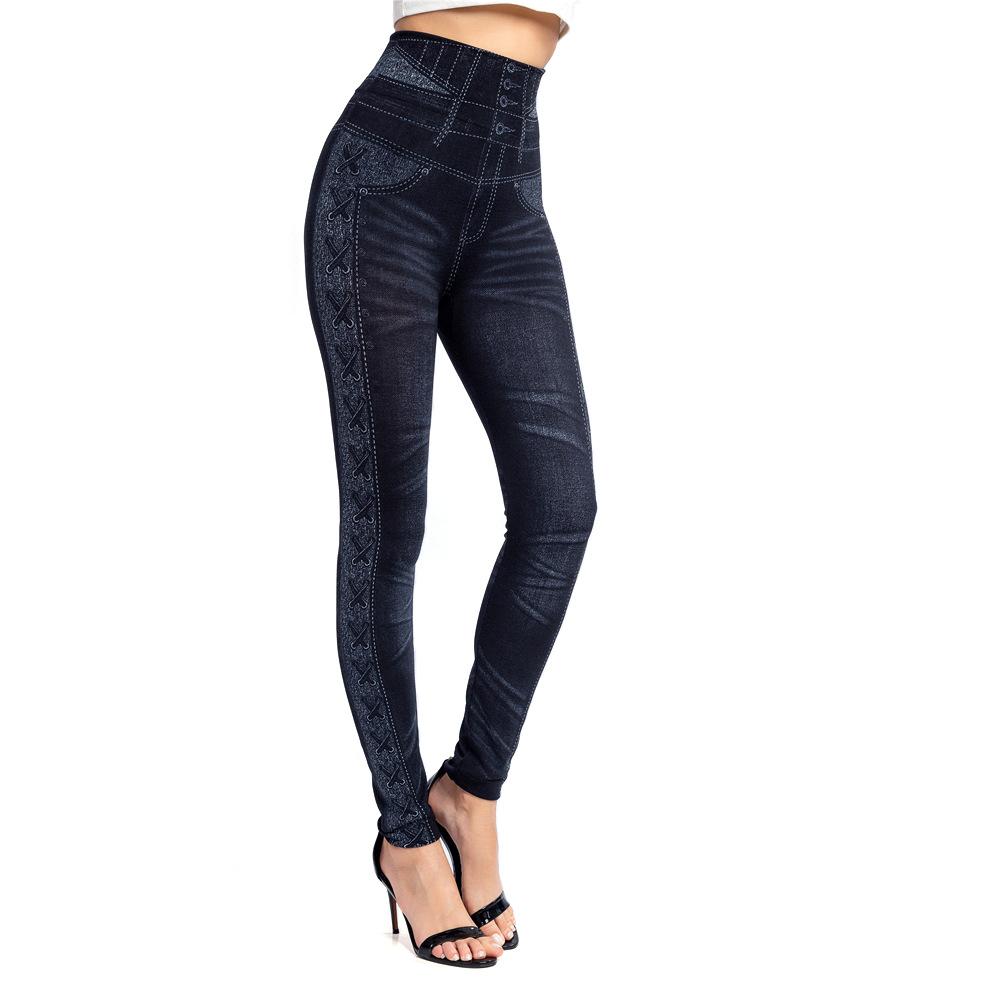 Frauen Leggings Mode Imitation Jeans Denim Druck Jegging Slim Fitness Elastische Nahtlose Leggings Für Frauen XXL schwarz