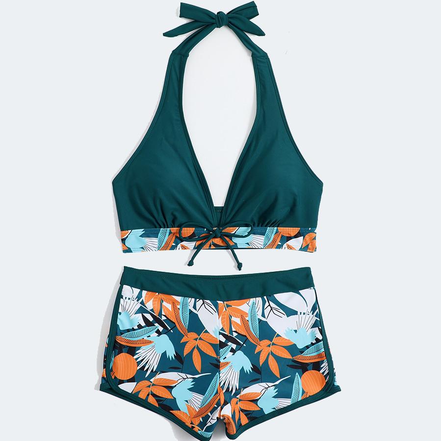 Sexy Bikinis Frauen Sommer Zwei Stück Drucken Badeanzug Weibliche Push-Up Halter Geraffte Wrap Vorne Hohe Taille Badeanzug XL grün