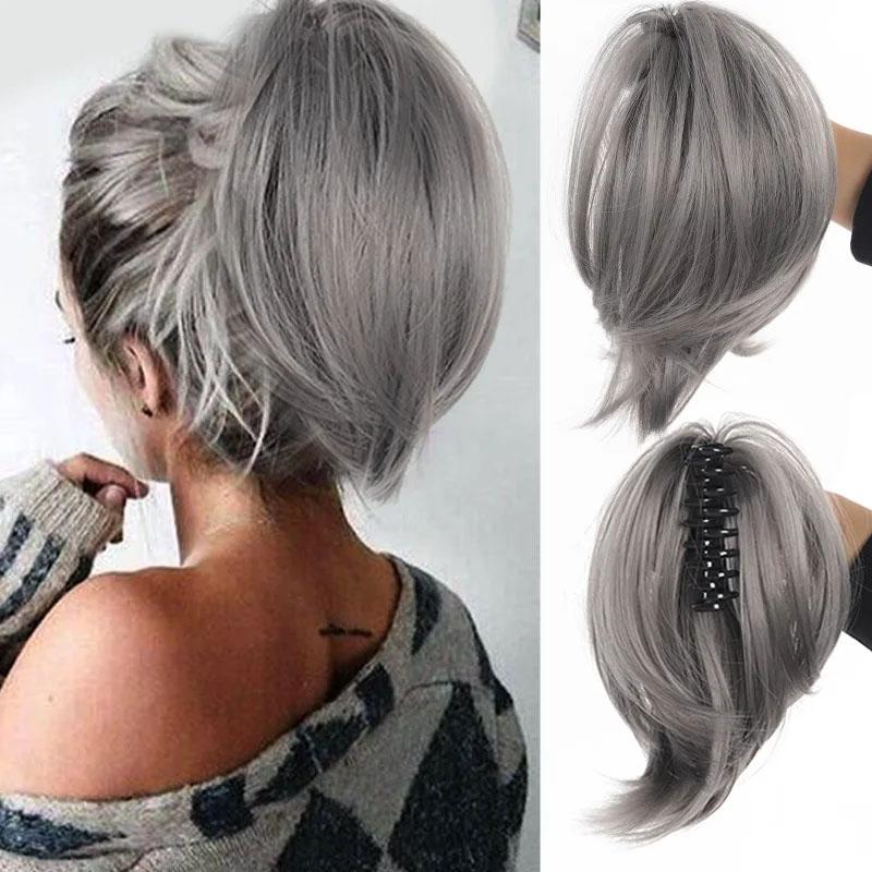 Synthetisches Messy Bun-Haarteil, Haargummis für Frauen, glatter Chignon, Pferdeschwanz, Clip in Haarverlängerungen, zerzauste Hochsteckfrisur 15CM gray