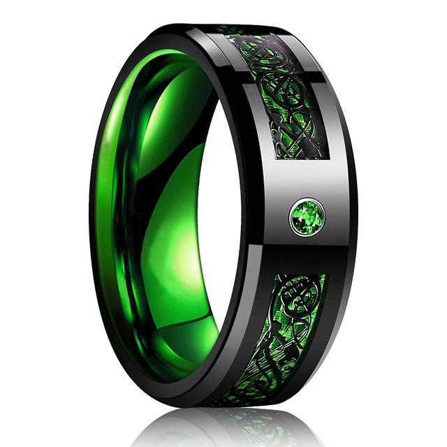 Mode 8mm Männer Rote Nut Abgeschrägte Kante Edelstahl Keltischen Drachen Ring Zirkon Inlay Rot Carbon Fiber Ring Männer hochzeit Band 10 grün
