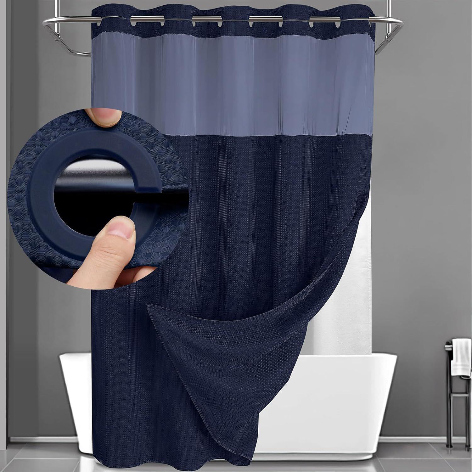 Hakenloses Duschvorhang-Set, Doppelt (mit Liner) Abnehmbarer weißer Duschvorhang 183*190cm navy blau
