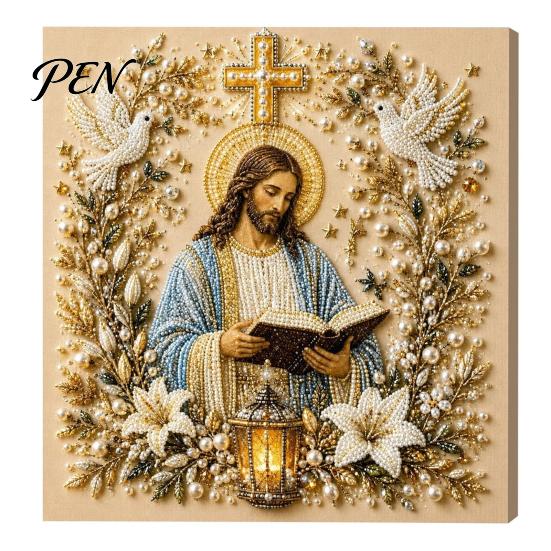 Dekorative Balkonstücke DIY Jesus Perlenkunst-Set, Diamantmalerei für Erwachsene, Christliche Mosaik-Personalisierte Wohnkultur Handwerk Christus Edelstein-Handwerk, A beige