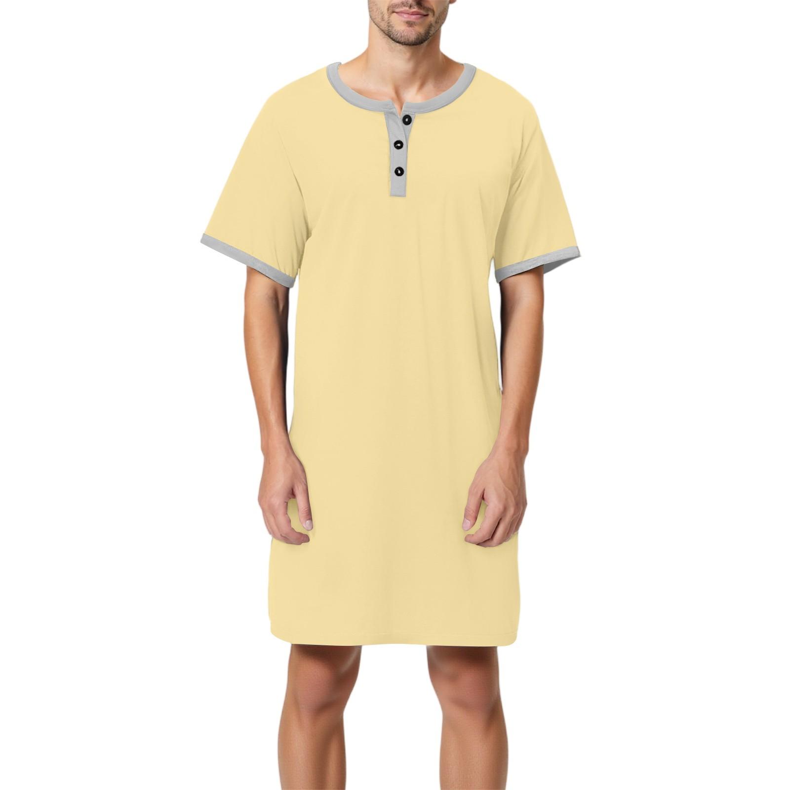 Herren Einfarbig Baumwolle Kurzarm Pyjama Button-Down Kragen Lange Lockere Pyjama Hauskleidung XXXL gelb