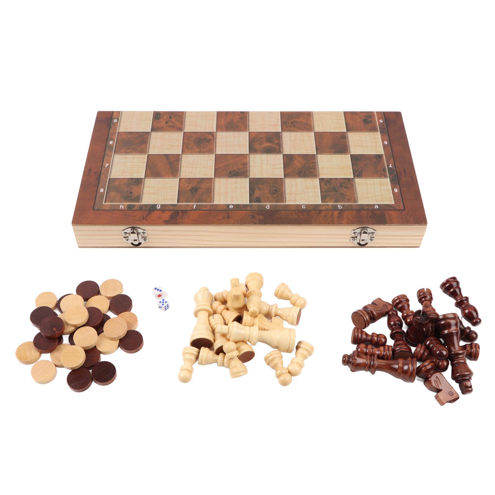 3 in 1 Schach-Dame-Set aus Holz Tragbares Schach-Dame-Spielset mit klappbarem Holzbrett für