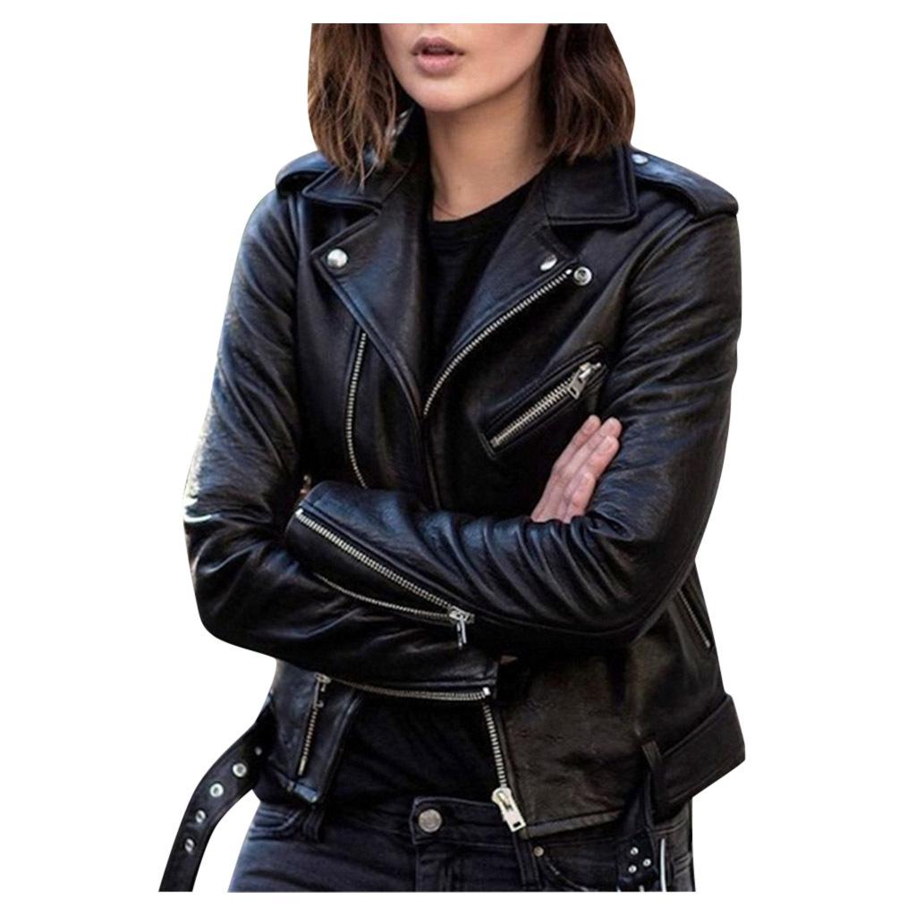 Neue Motorrad-Lederjacke Frühling und Herbst Damen-Lederjacke Damen Kurze, schlanke Lederjacke XXXXXL schwarz