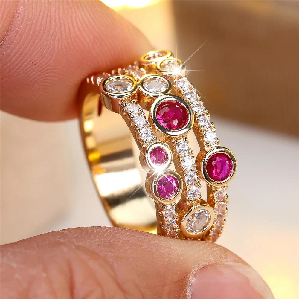 Zarter Weißer Rosenroter Zirkonring für Damen Luxus Goldfarbe Versprechen Verlobungsringe Hochzeitsschmuck 9 rose rot/gold