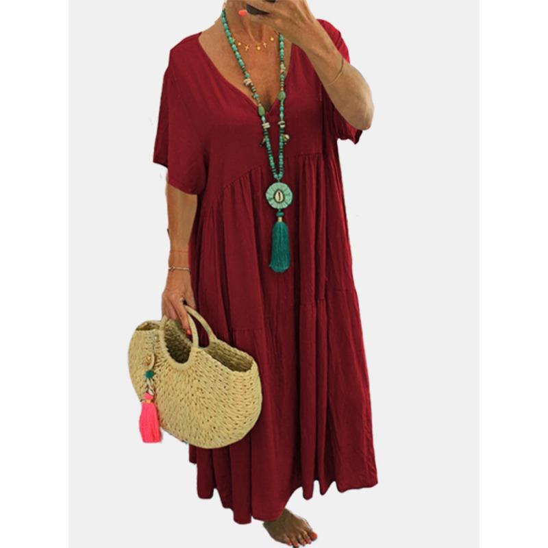 Damen Sommer Freizeit Baumwolle Leinen Kleid V-Ausschnitt Kurzarm A-Linie Sommerkleider Plissiert Fließend Locker Sitzend Lange Kleider L rot