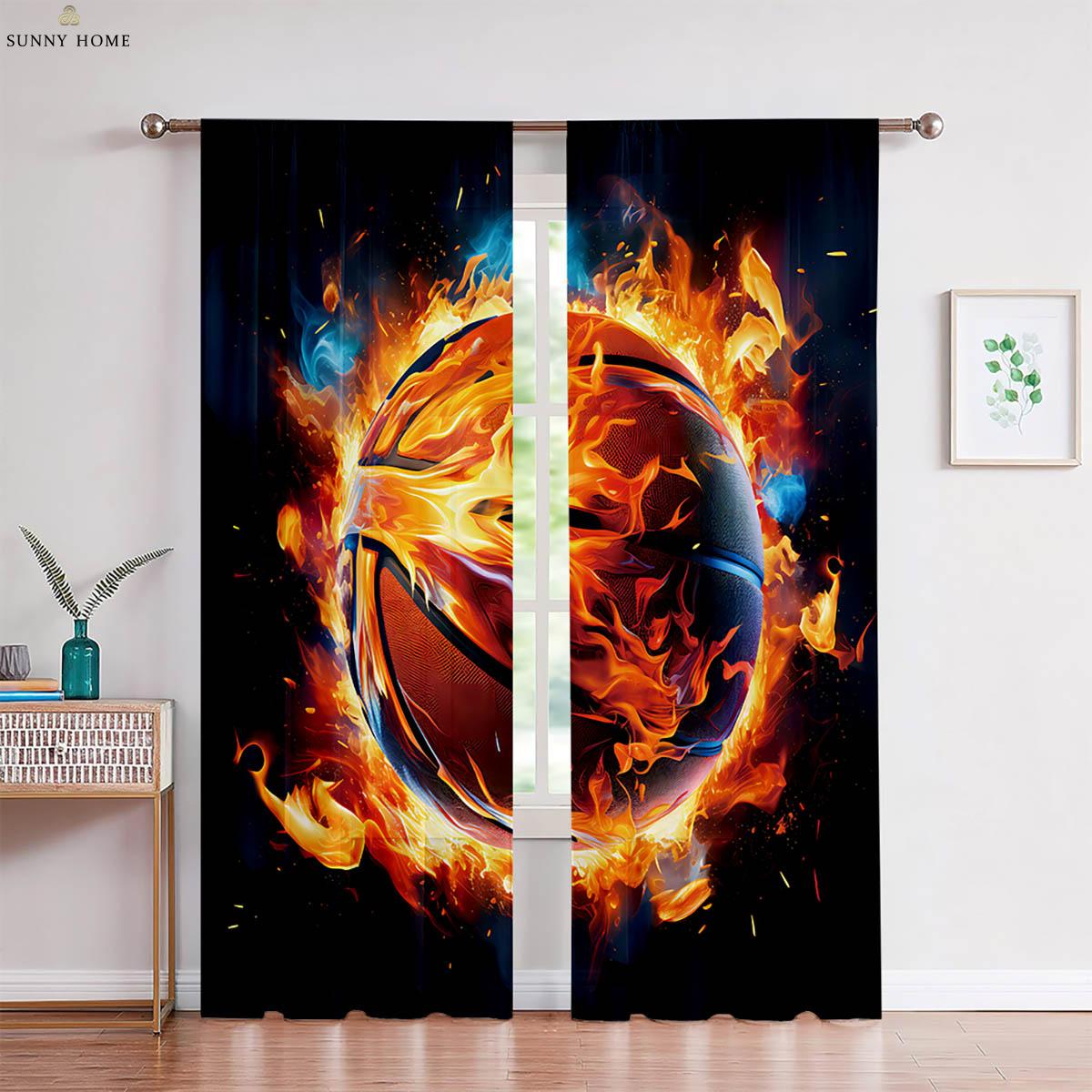 3D-bedruckte Vorhänge mit Flammenschädel, coole schwarze Vorhänge für Wohnzimmer, Küche, Schlafzimmer, dekorative Vorhänge, leicht zu waschen und zu pflegen, 2 Stück W50xH140(CM)x2PCS&Grommet Top orange