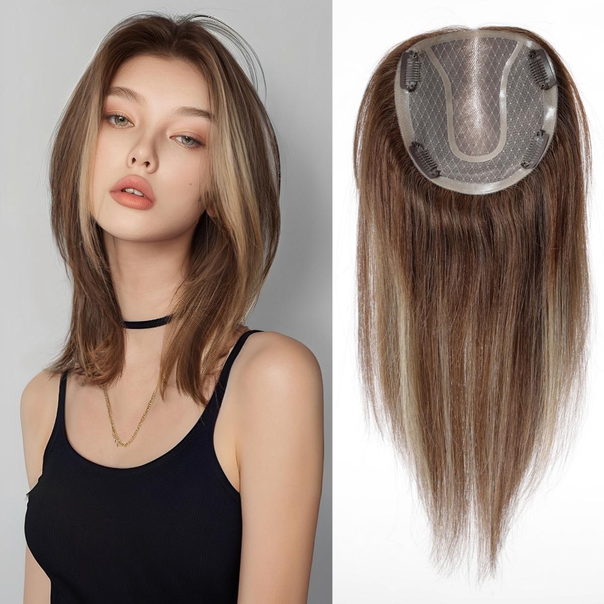 HAIRCUBE Hellblonde 14-Zoll-Echthaar-Topper mit dunklen Wurzeln für Frauen, 4 Clips, Stücke mit dünner werdendem Haar in Mono-Spitzen-Basis-Toppern gray