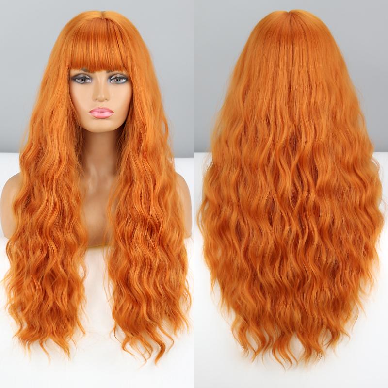 MERISIHAIR Damen-Perücke, modisch, lange, gewellte schwarze Perücke mit Pony, synthetische Faser, natürliche, tiefgewellte Perücke, tägliches Tragen, Cosplay, schwarze gewellte Perücke