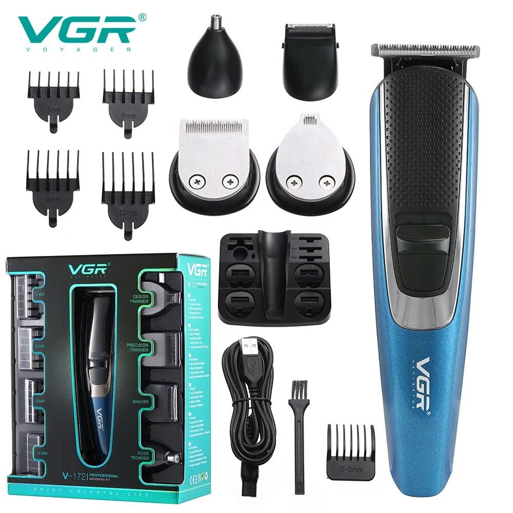 Original VGR Multifunktionales 5-in-1 Haarschneide-Set T-förmig Tragbar Herren Friseur USB-Laden Rasierer Leistungsstarkes Ganzkörper-Haarentfernungs-Set V-172 blau