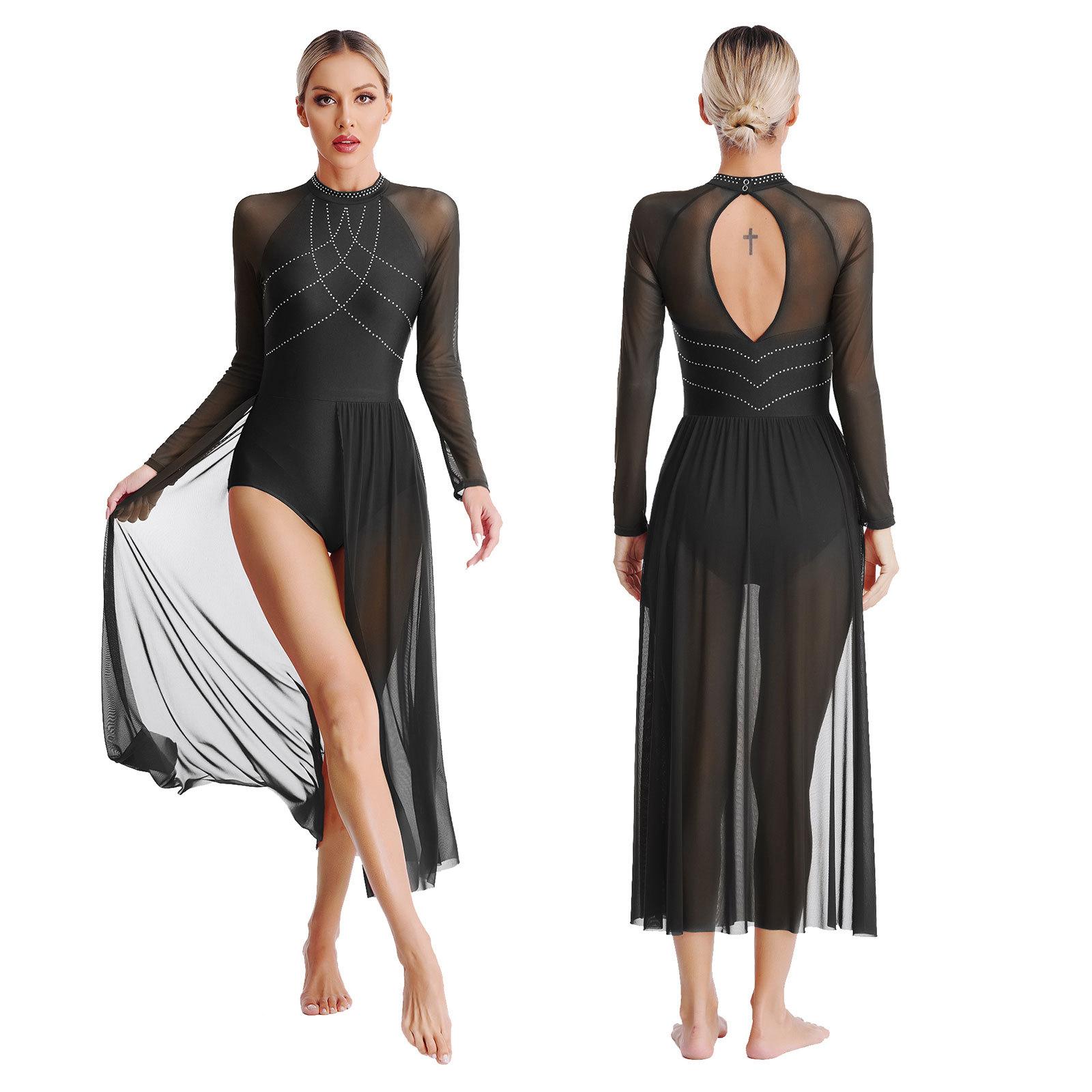 Damen Modernes Lyrisches Tanzkleid Strass Gymnastiktrikot Schlitz Maxi Kleider Langarm Ballett Bühnenauftritt Tanzbekleidung XL schwarz
