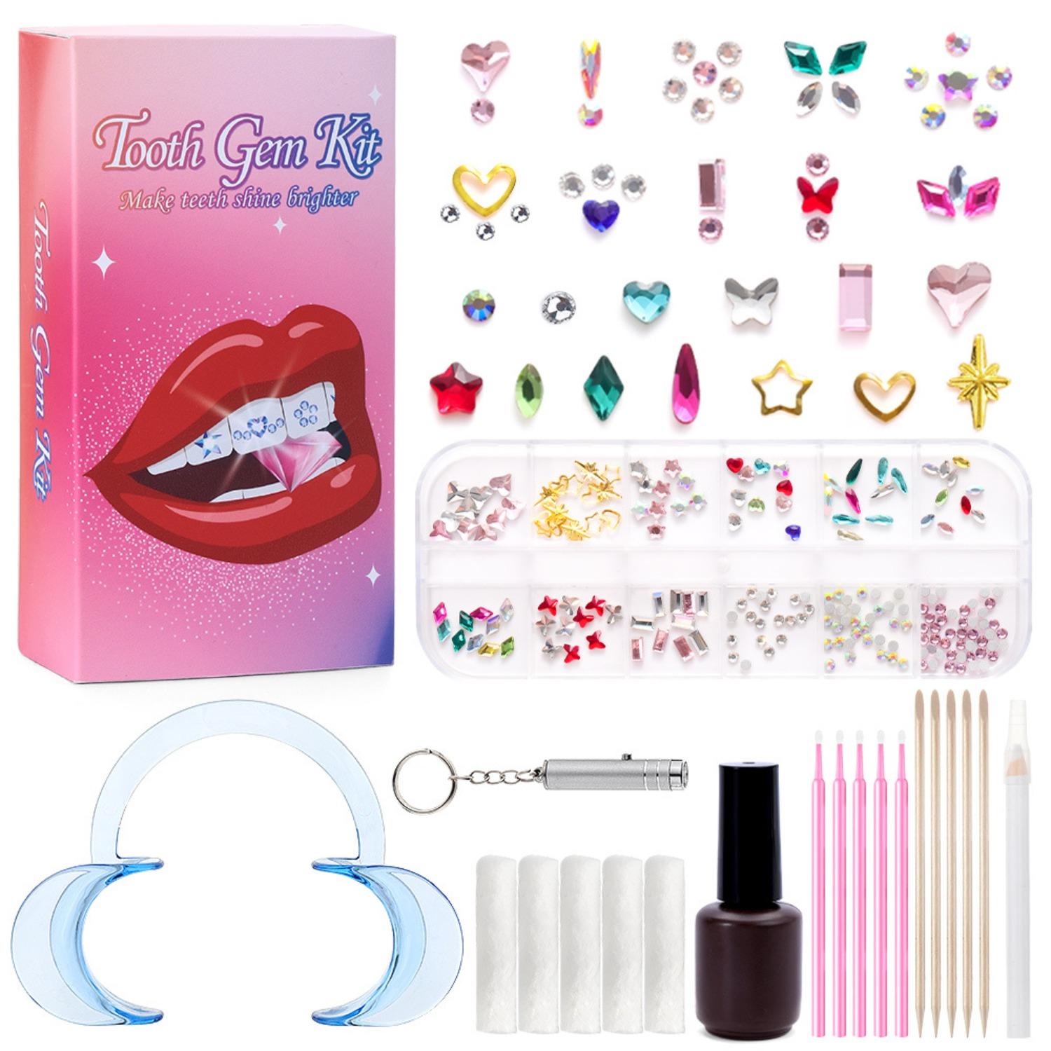 Zahnstein-Set, Zahnschmuck-Set mit Kleber und Licht, Zahnstein-Set für Zähne, Professionelles DIY-Zahnstein-Set, Modischer Kristall für Zähne Süßes Lächeln bunt