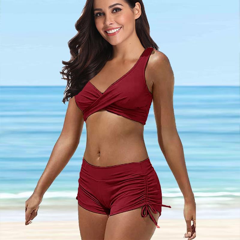 Damen-Badeanzug mit Schultergurt, grüner Camouflage-Druck, Bikini-Tankini-Badeanzug 5XL weinrot