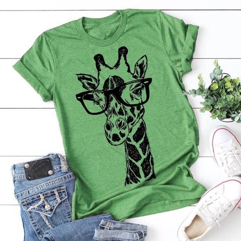 Damenmode Rundhals-Kurzarm-T-Shirt mit Giraffen-Print Sommer-Casual-T-Shirt in Übergröße XXXXXL grün