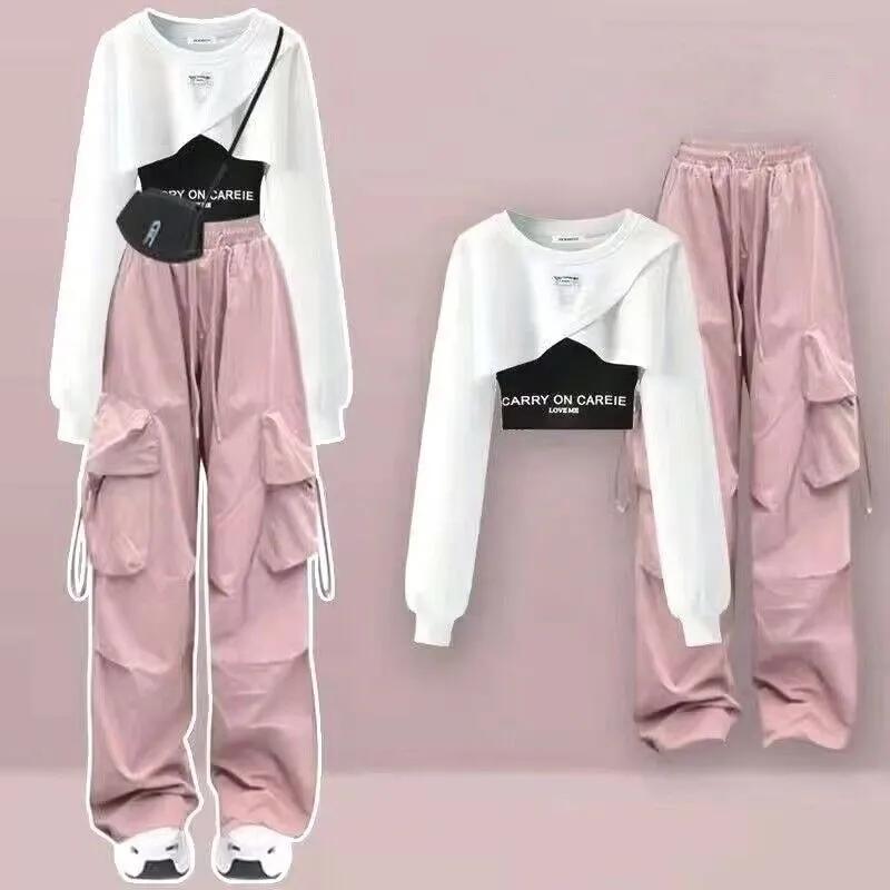 Frühling und Herbst Set frauen Koreanische Lose Mode Top Casual Hosen Drei Stück Set XL rosa