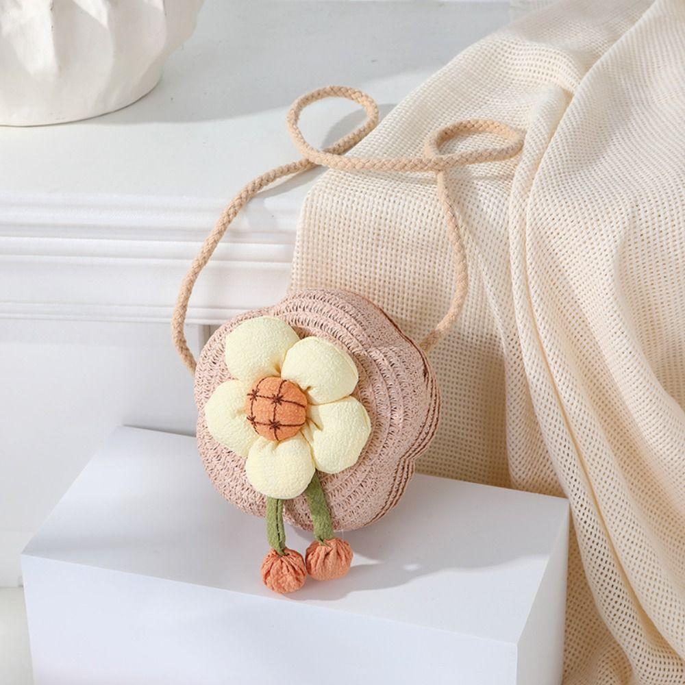 Strapazierfähige Stroh Umhängetasche Blume Gewebte Geldbörse Handtasche Mädchen Kinder Schulter Messenger Tasche Sommer Niedlich Prinzessin Mini Handtasche braun