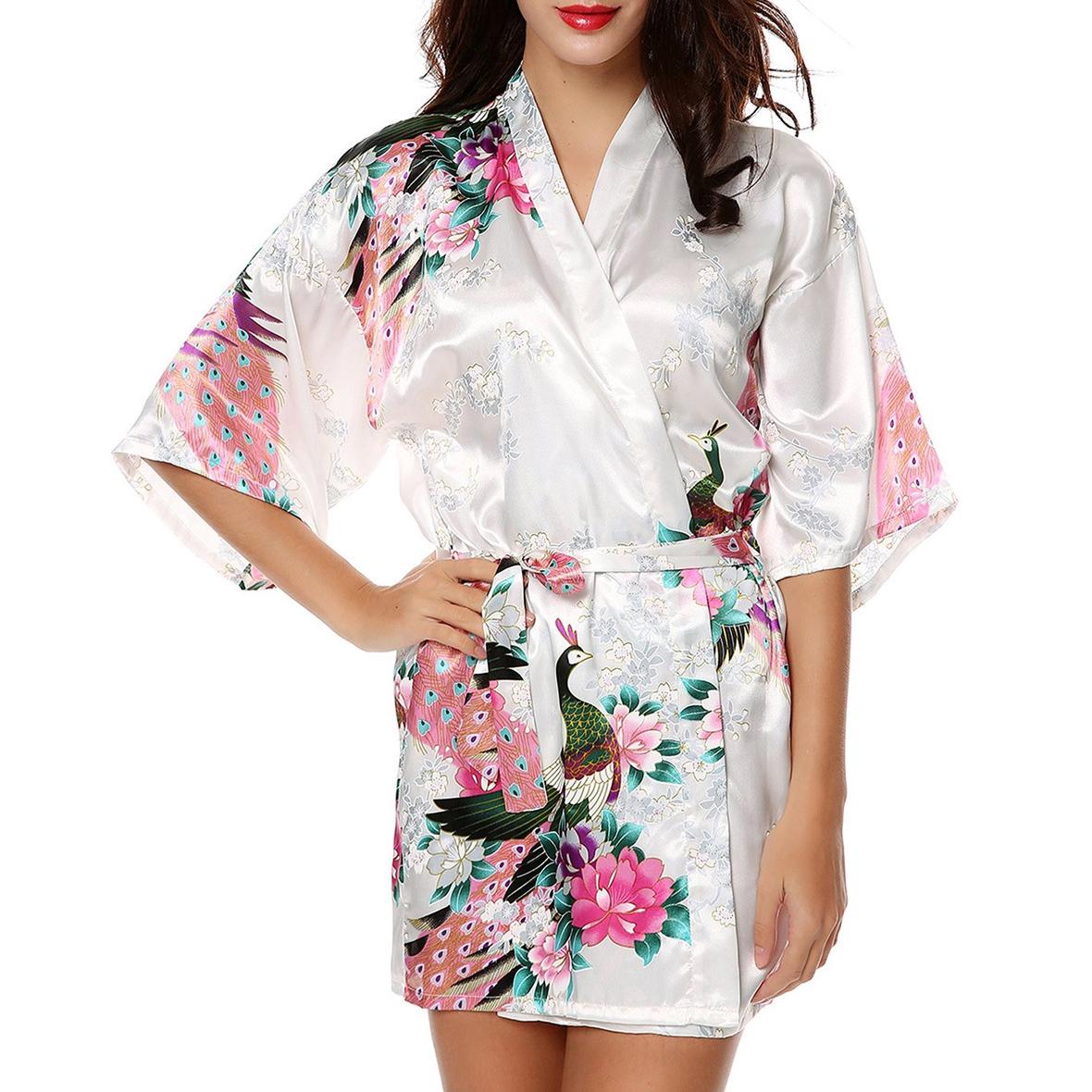 Seide Royal Floral Frauen Robe Sexy Hochzeitskleid Nachtwäsche Nachthemd Kimono Bademantel XXL weiß