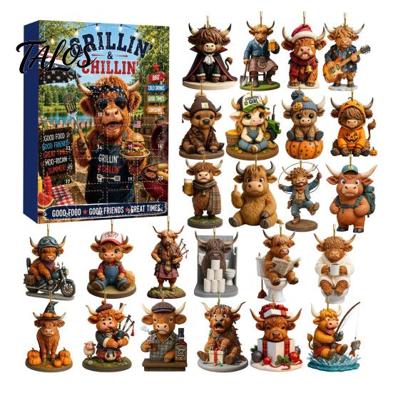 Lustiger festlicher Adventskalender 2026 Hochlandrind Kalender, 2D Flaches Acryl Tägliches Überraschungsgeschenk für Kinder Ornamente, 24 Tage Countdown bis Weihnachten D