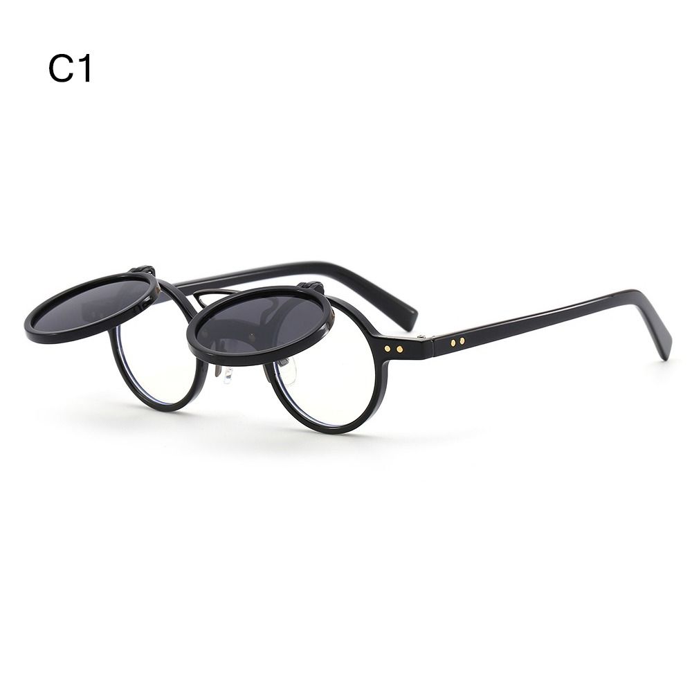 Beliebte Klassische Steampunk Klappbare Sonnenbrille Brille Vintage Nieten Kleine Runde Sonnenbrille Doppel-Schicht Klapp-Linse Punk Brille UV400 black