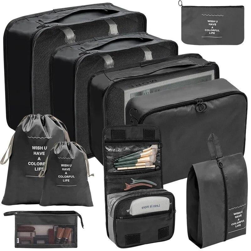 Reise-Organizer-Set, 7 Farben, Aufbewahrungstaschen, Koffer, Verpackungswürfel-Set, Koffer, tragbares Gepäck, Kleidung, Schuh-Ordnungsbeutel, zusammenklappbar 10pcs schwarz