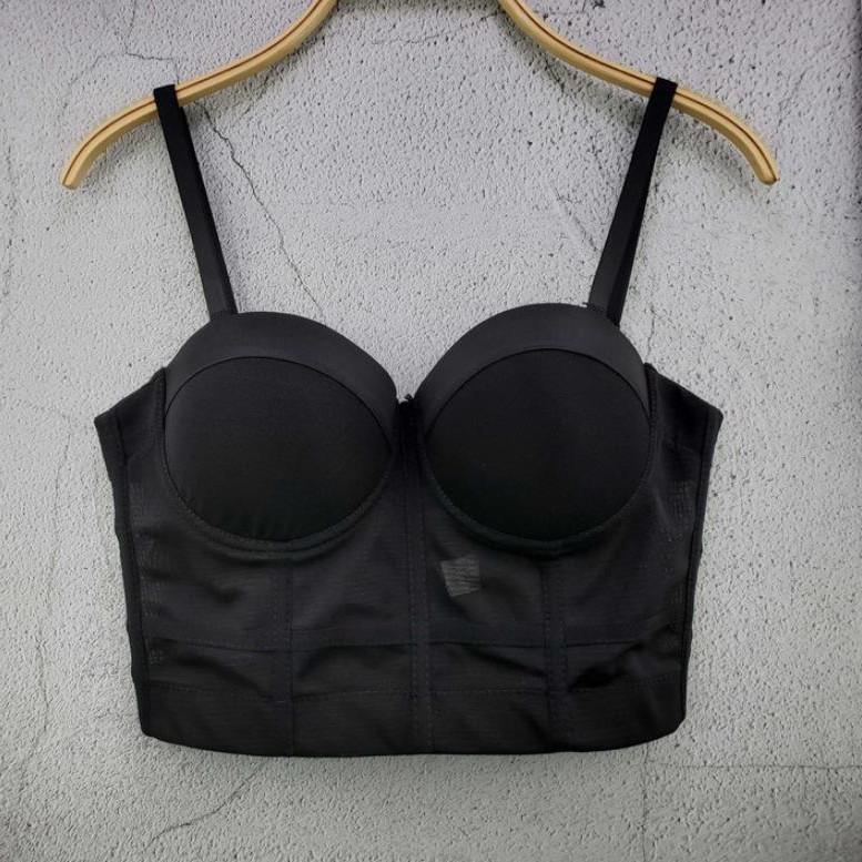 Fashion Mesh Push Up Bralet Damen Korsett Bustier BH Sexy Crop Top Weste Plus Size M schwarz