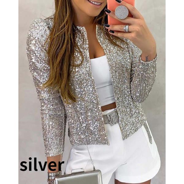 Frauen Casual Langarm Blazer Anzug Vorne Offen Pailletten Mantel Weibliche Jacke Pailletten Perlen Strickjacke Mäntel Oansatz Oberbekleidung Damen Frau Schwarz Silber XXL silber