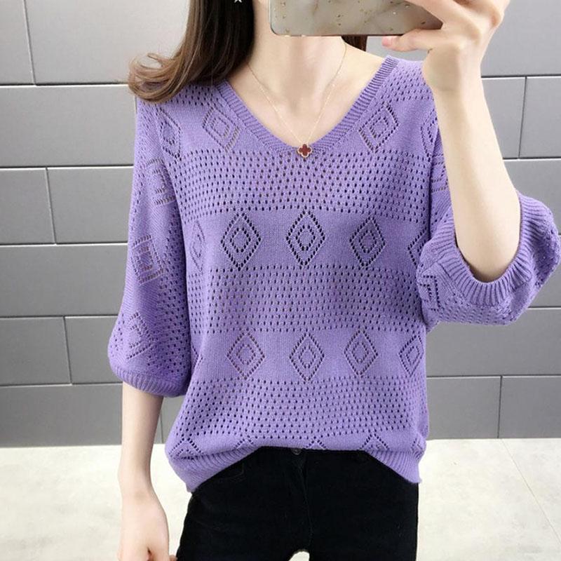 Damen V-Ausschnitt Lochstrickpullover Locker Fledermausärmel Damen Oberteil Kurz Dünn Strickpullover für Damen L violett