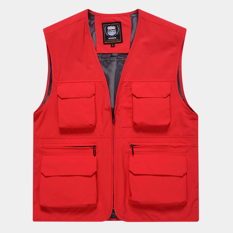 Herren Frühling Sommer Outdoor Gilet Mehrere Taschen Schnelltrocknend Angelweste Wanderweste Ärmellose Arbeitskleidung 5XL rot