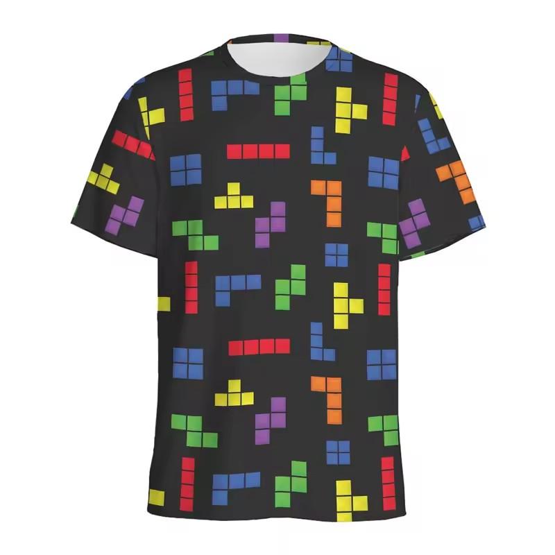 Retro-Baustein-T-Shirt mit 3D-Druck, Puzzle, Videospiele-Muster, lockere Straße, kurze Ärmel, Y2k-T-Shirts M black