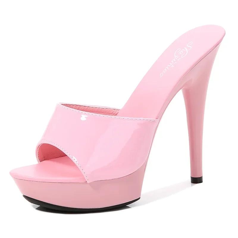 Damen Hausschuhe Pantoletten Lackleder Sandalen Sexy Mode 13CM Pantoletten Partyschuhe für Frau Luxus Rote Sandalen Sommer Bequem 41 rosa