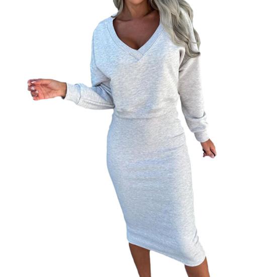 2-teiliges Damen-Sweatshirt-Kleid-Set mit V-Ausschnitt, locker, weich, dick, warm, einfarbig, kurzes Oberteil, ärmellos, schmal geschnittenes Kleid, lässiges Kleid in mittlerer Wadenlänge M licht grau