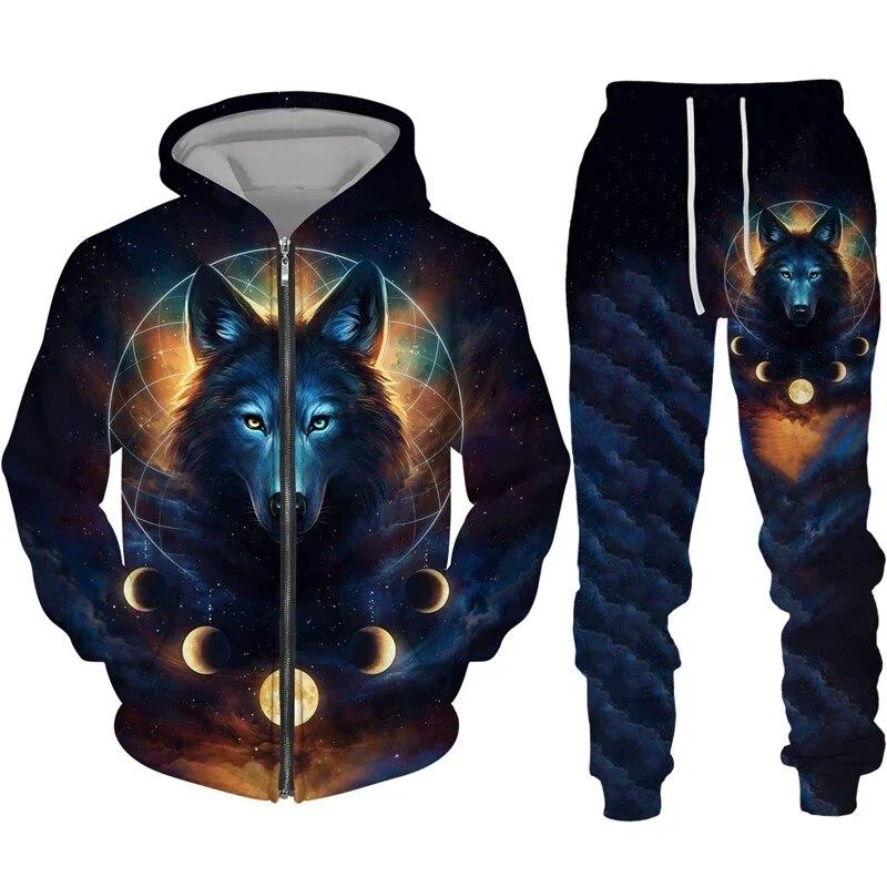 Bunte Wolf 3D Druck Trainingsanzug Hip Hop Streetwear Zipper Hoodies Anzug Männer Frauen Kind Casual Mit Kapuze Sweatshirt Hosen Jogging-Set S
