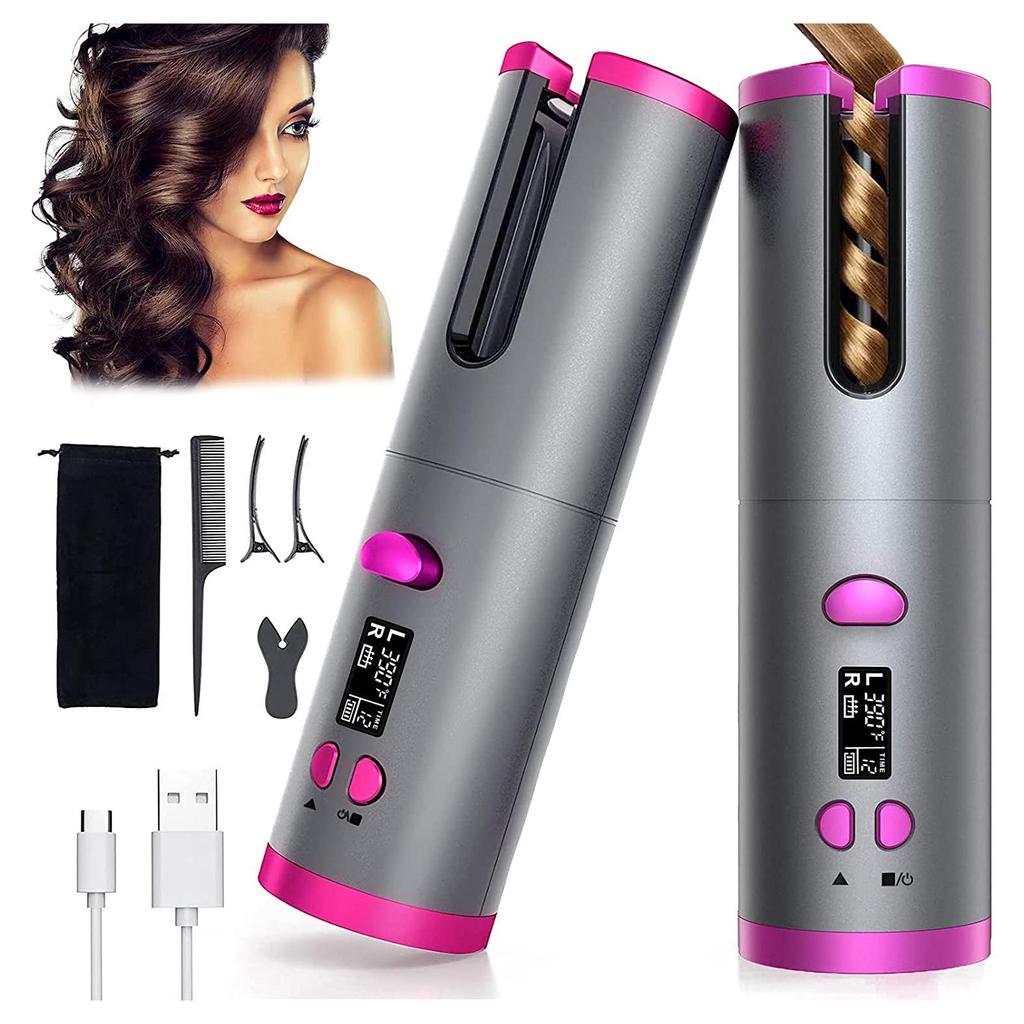 Drahtloser automatischer Lockenwickler, kabelloser Lockenstab, USB wiederaufladbar, LCD-Display, Keramik, lockiger Lockenstab, Styling-Werkzeuge grau