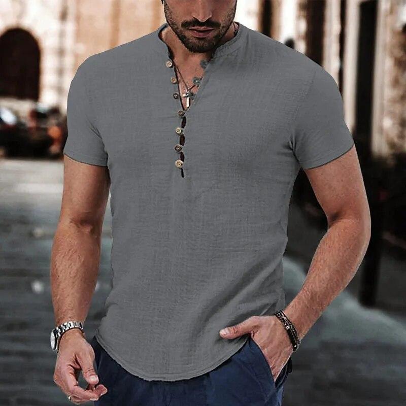 Neues Herren Kurzarm T-Shirt Knopf Baumwolle Leinenhemd Herren Freizeitkleidung Beliebte Oberteile für Herren US M grau