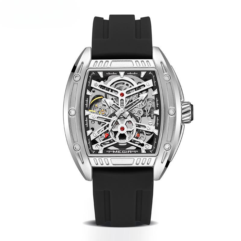 Mechanische Uhr für Herren im Tonneau-Stil, Silikonband, leuchtend, wasserdicht, hohl, mechanische Uhr gray