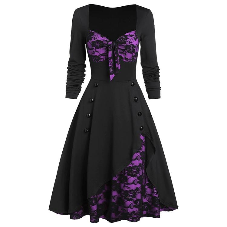 Halloween Frauen Mittelalter Vintage Gothic Renaissance Kleid Cosplay Palace Retro Spitze Nähte Knopf Langarm Damen Kleid Kleid Übergröße 5XL violett
