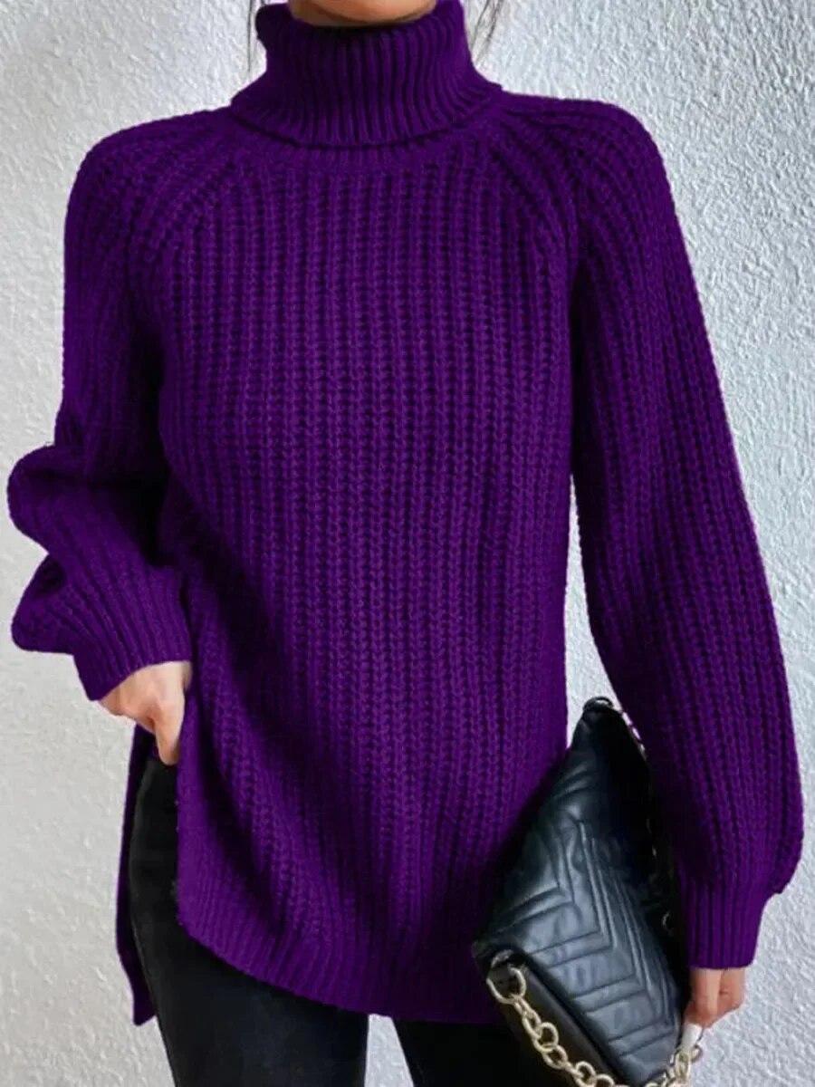 2023 herbst/Winter Weiche Strickwaren Mode Raglan Langarm Rollkragen Split Pullover Lässige Warme Solide Mid-länge Pullover 29572 XXXL violett