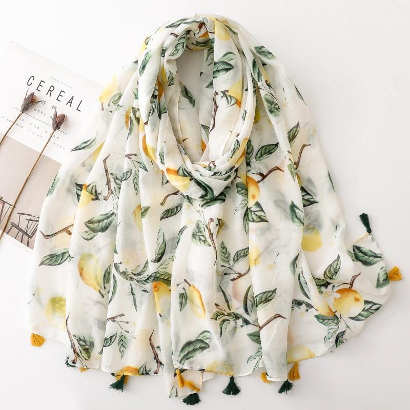 88*180cm Luxuriöser Zitronen Sommer Damen Schal Damen Baumwolle Leinen Gefühl Schal Quaste Belüftet Muslimischer Hijab 88x180cm beige