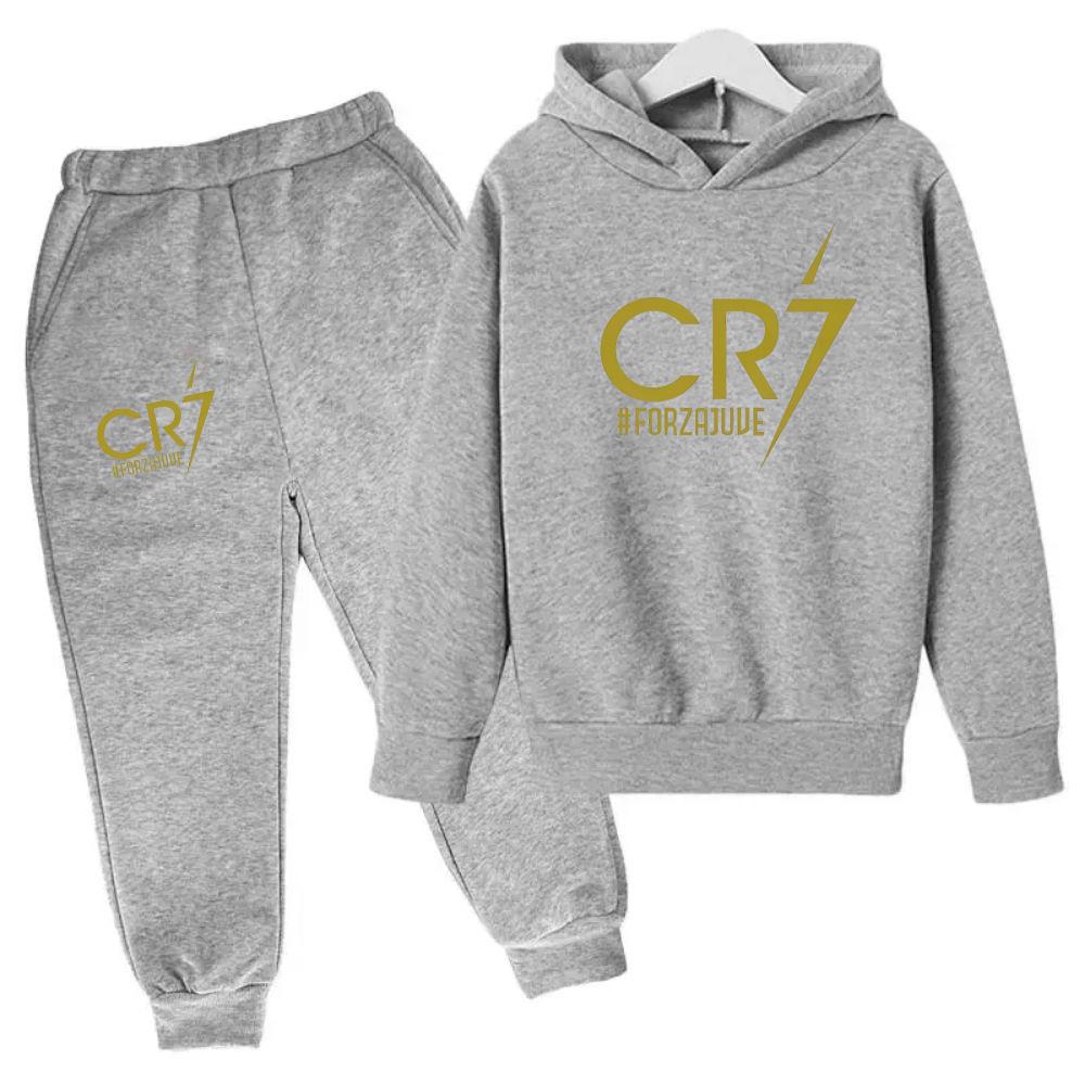 Ronaldo CR7 Druck Fußball Idol Kleidung Kinder Kapuzenpullover 2er Set Hosen Anzug Kinder Jungen Trainingsanzug Mädchen Kleidung Sport Trainingsanzüge 100 gray